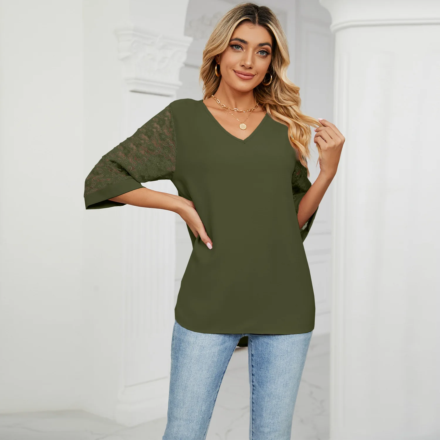 

Женская шифоновая рубашка с разрезом, свободная блузка с V-образным вырезом и расклешенными рукавами, весна-лето 2023