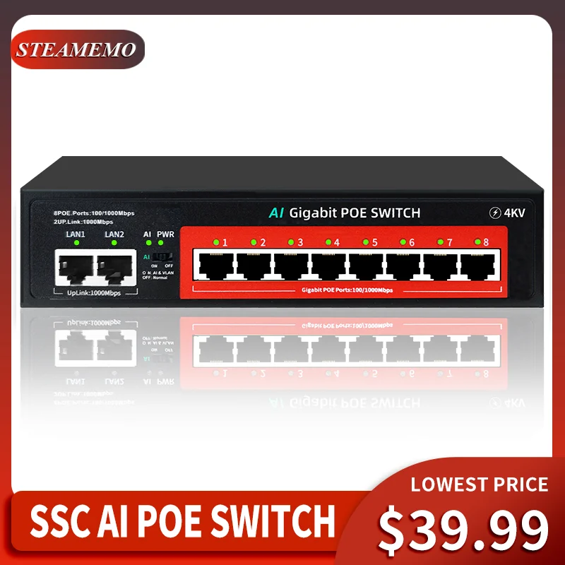 Steamemo-switch Ethernet para Câmera ip Gigabit Completo ai Poe 48v Portas Potência Integrada 120w Rede de Comutadores Ethernet ap sem Fio