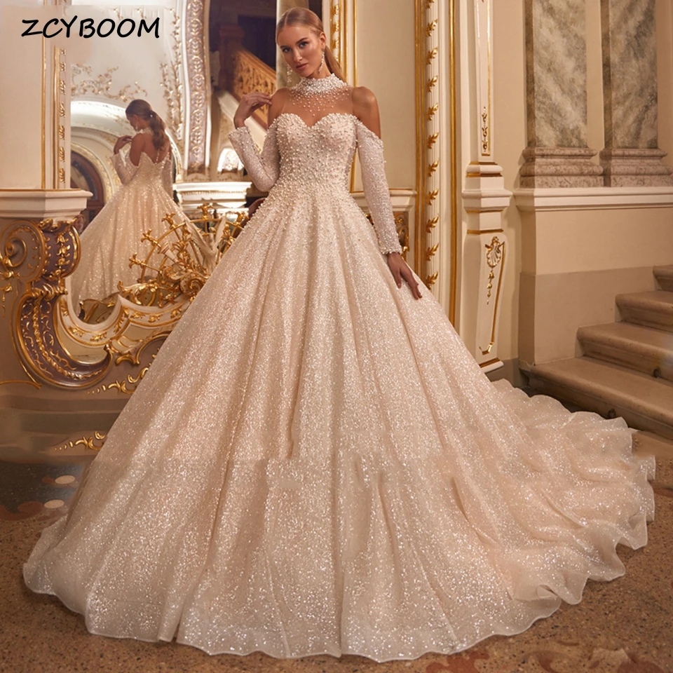 

Luxury White High-neck Shiny Beaded Off The Shoulder Wedding Dress 2023 A-Line Floor Length Royal Train Buttons Bridal Gown