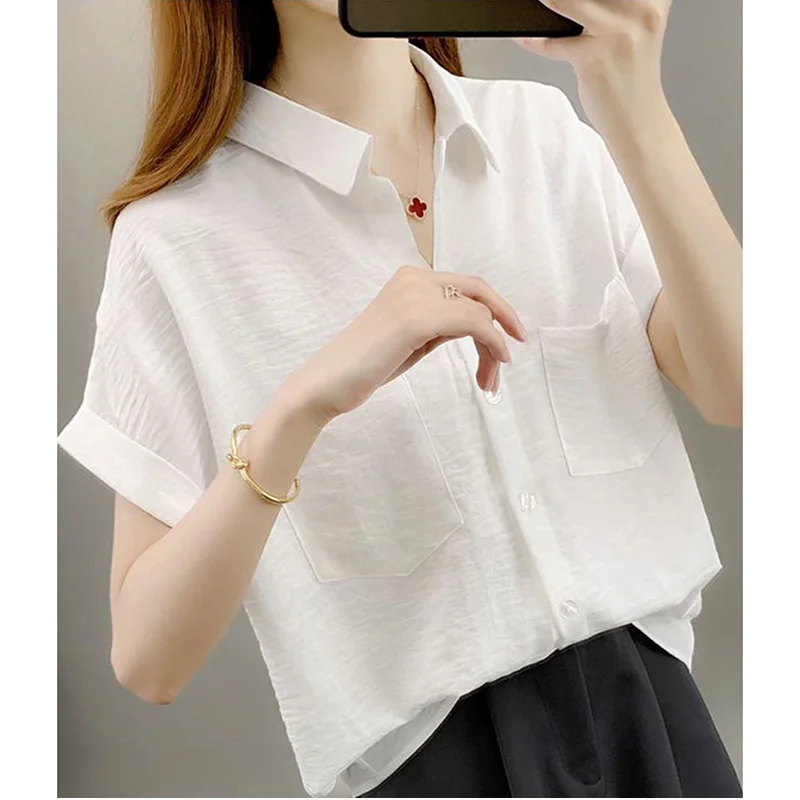 Fashion Lapel Pockets All-match Chiffon Shirt Women's Clothing 2023 Summer New Oversized Casual Tops Loose Office Lady Blouse