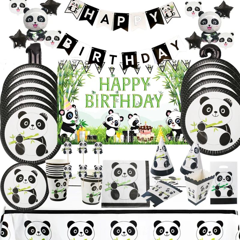 Panda-Partydekorationen, Zubehör, alles Gute zum Geburtstag, Banner, Luftballons, Panda-Teller, Tasse, Tischdecke, Kuchendeckel, Geschenktüten, Babyparty