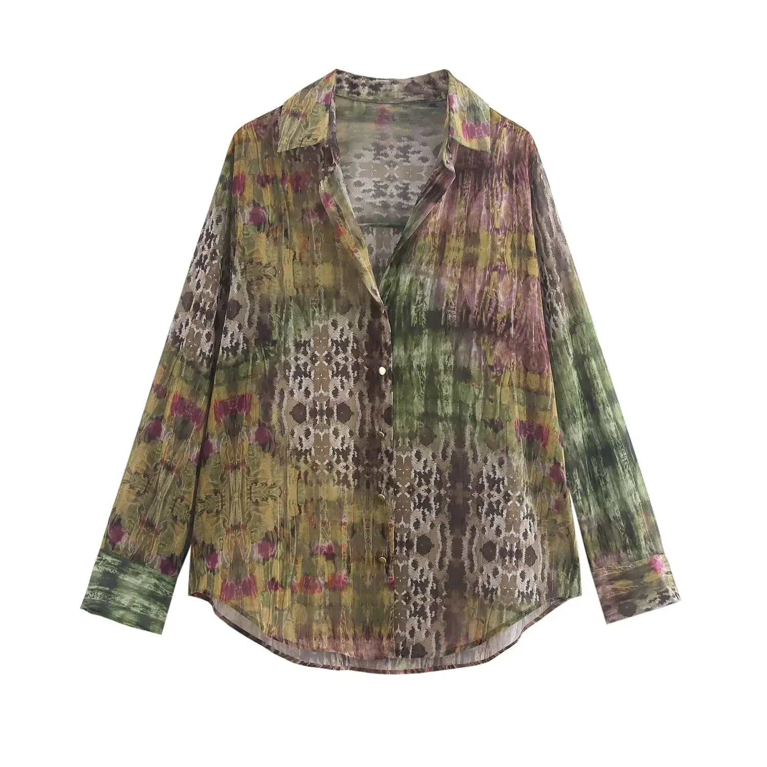 thumbnail image 1 of HH TRAF Camisa con estampado de hilo metálico retro de moda de otoño para mujer, camisa elegante y elegante de manga larga con solapa, estilo callejero, informal, 1 of 4