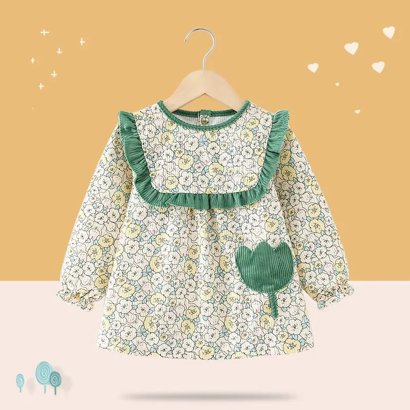 Waterproof Corduroy Apron for Girls Baby Feeding Smock Children Eating Gown Dirt Resistant Autumn Winter Fashionable Toddler Gir