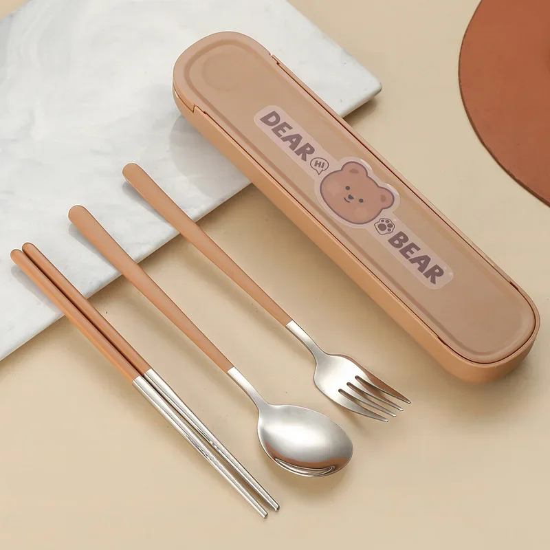 304 Stainless Steel Cartoon Cutlery Set with Case Kids Fork Spoon Portable Cutlery Travel Tableware Reusable Flatware