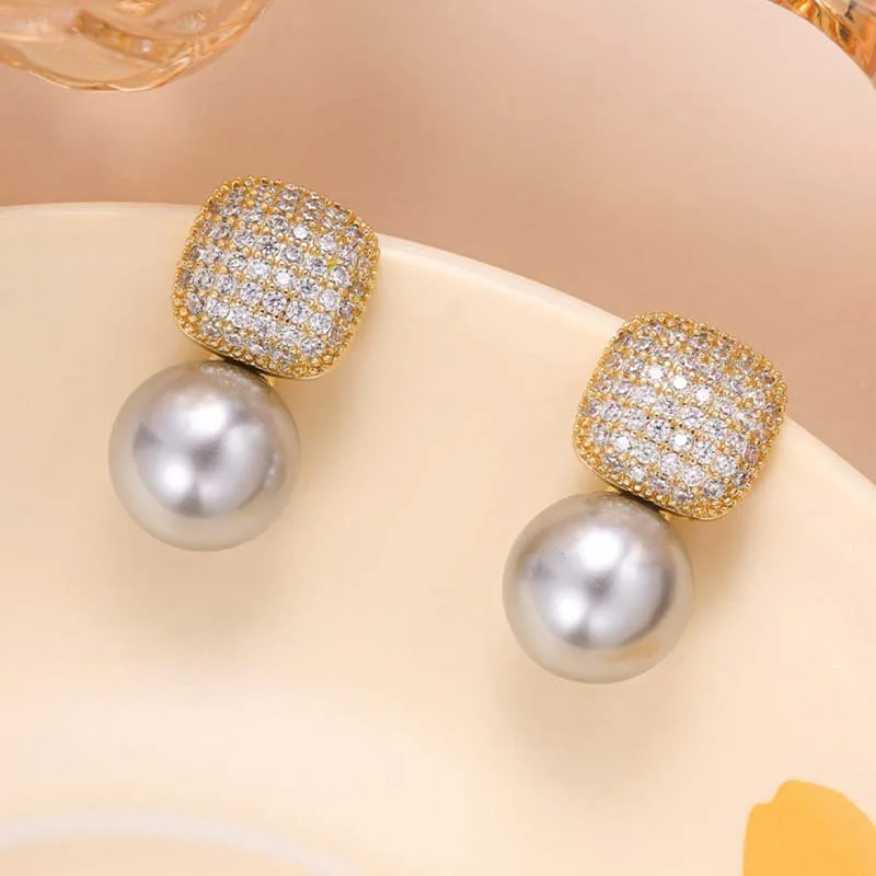 Pearl Crystal Drop Earrings – Elegant Faux Pearl & Crystal Dangle Earrings for Women | Champagne or Gray 7