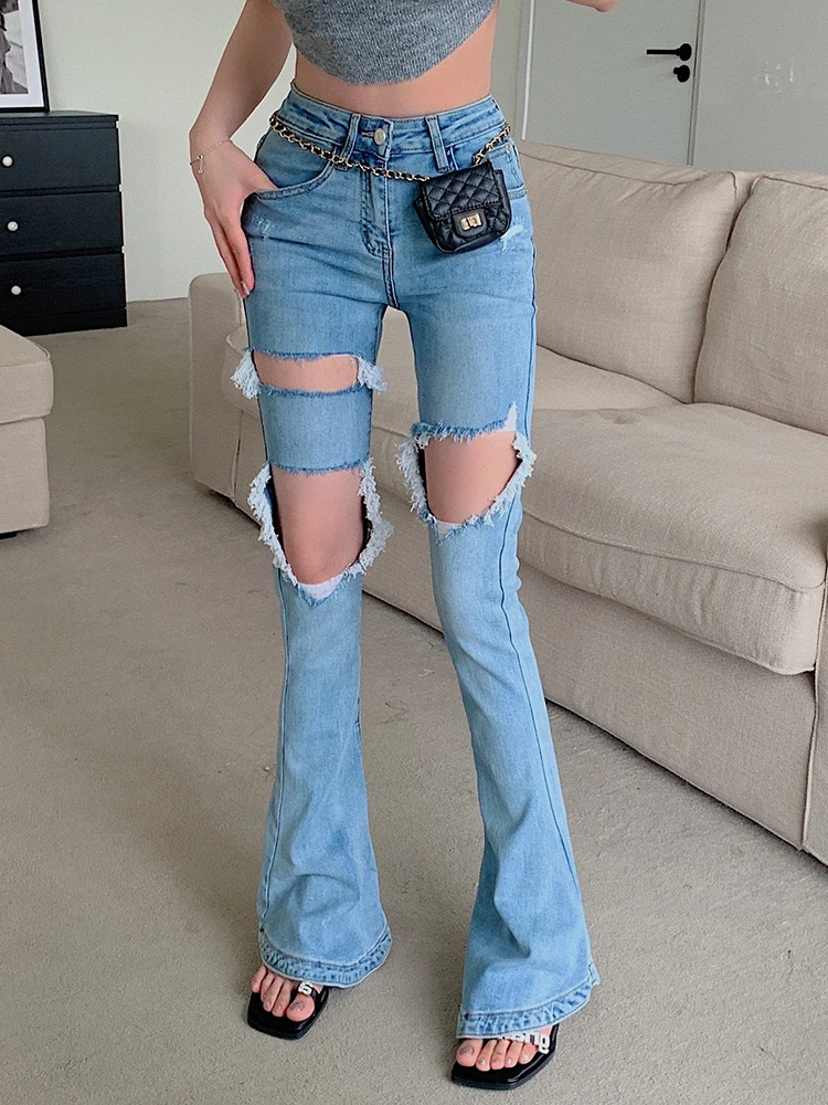 High Stretch Jeans Women Summer New Ripped Holes Denim Pants Female Sexy Fashion Micro Flare Trousers Elastic Jeans Girls Casual