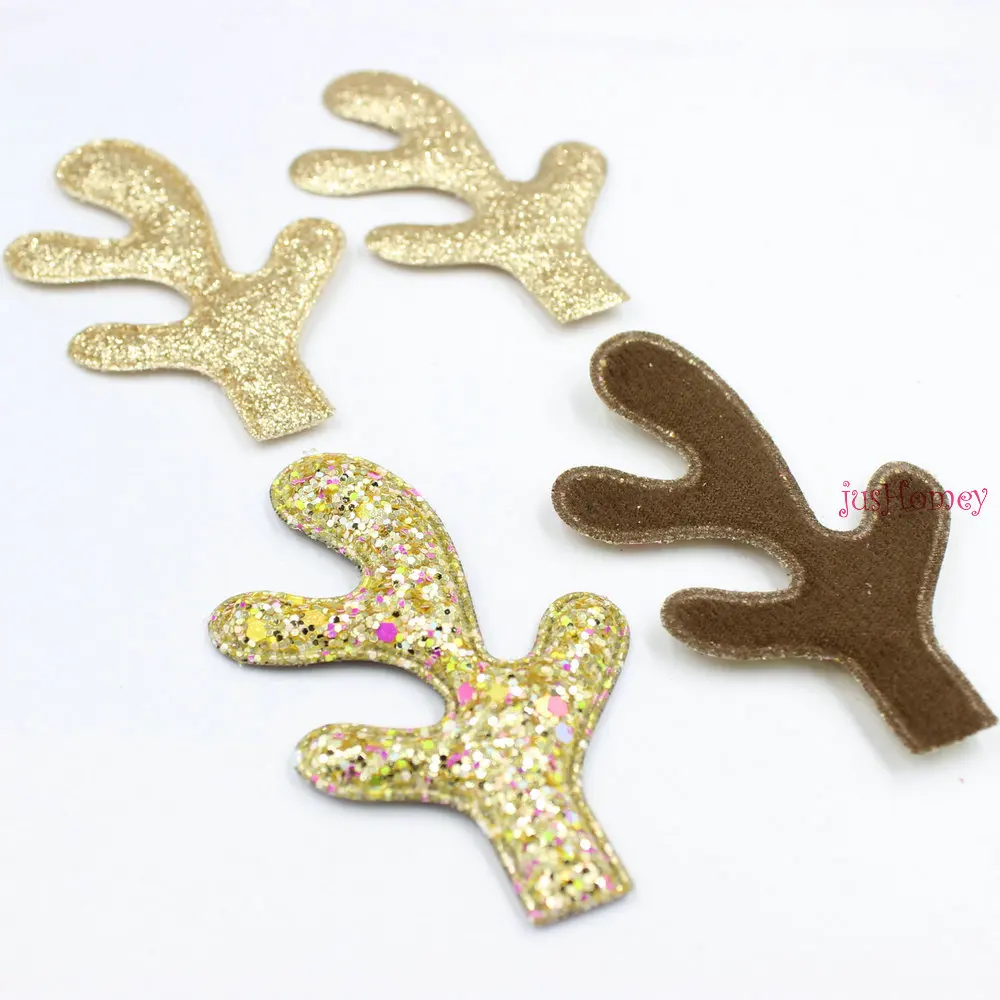25 pairs/lot Glitter Reindeer Antlers Gold fabric W/ Sponge Padded Buckhorn applique for Christmas decor,Craft DIY