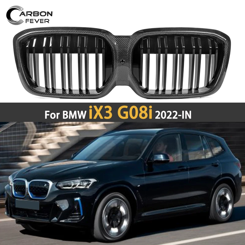 

For BMW iX3 G08i 2022-IN 2-slat Front Kidney Bumper Grille Real Dry Carbon Fiber + ABS Glossy Racing Grills Replacement Part