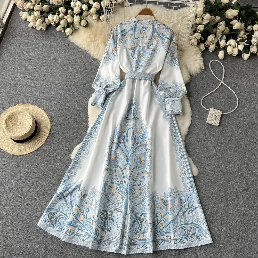 Nuevo vestido de fiesta vintage para mujer, moda de manga larga, botonadura sencilla, cuello alto, elegante, estampado, vestidos largos, primavera y otoño.
