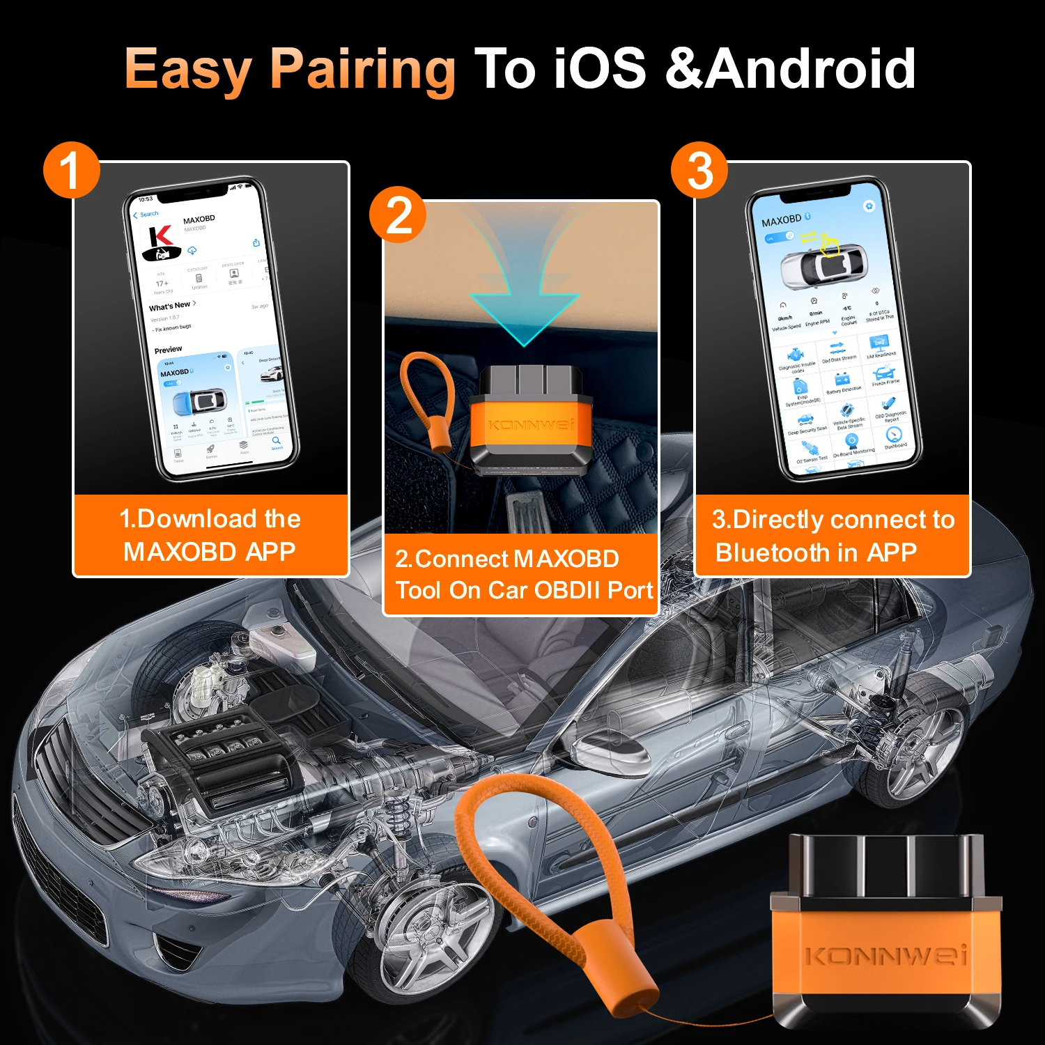 Obd2 Scanner KONNWEI Car OBD2 Fault Diagnostic Tool Bluetooth Connection MAXOBD App Control Scan Clear Error Codes