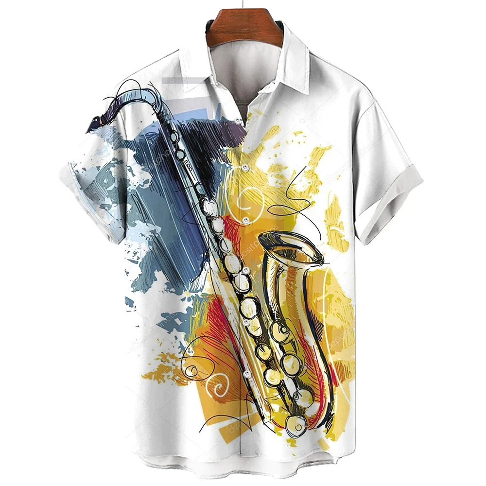 Musical note printed men's shirt Hawaiian short-sleeved top casual Harajuku men's short-sleeved shirt 2024 new style