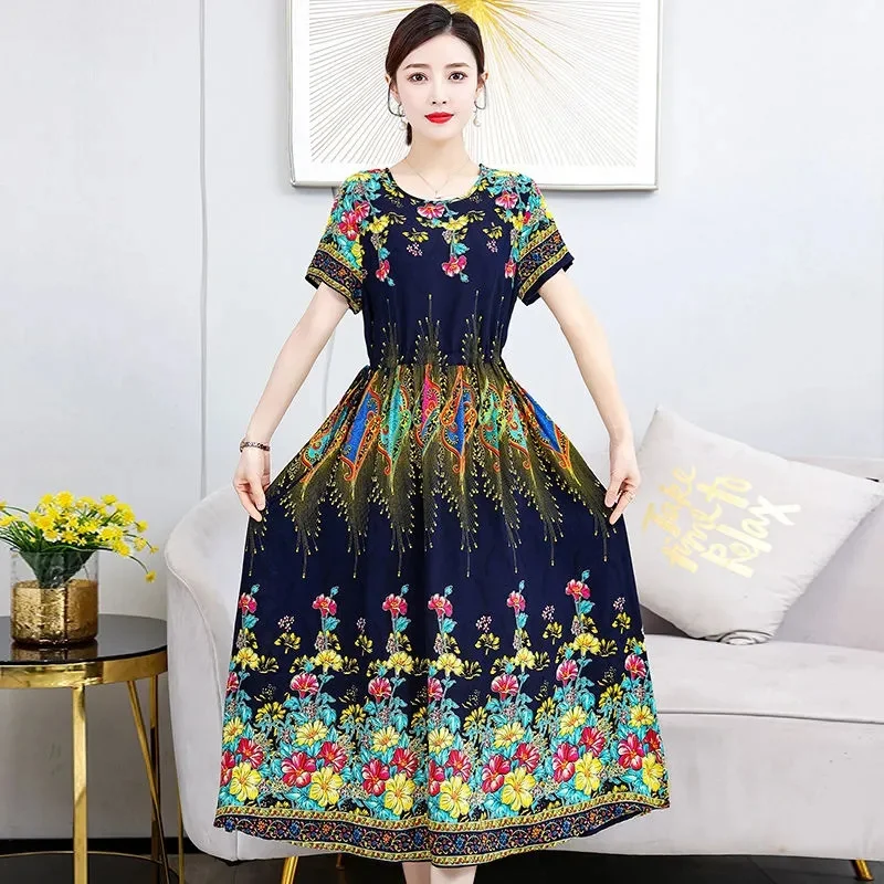 

2023 New Printed Nightwear Wome Summer Thin Cotton Silk Dress Mom Summer Dress Can Outwear Large Sleepwear Dress for Commuting