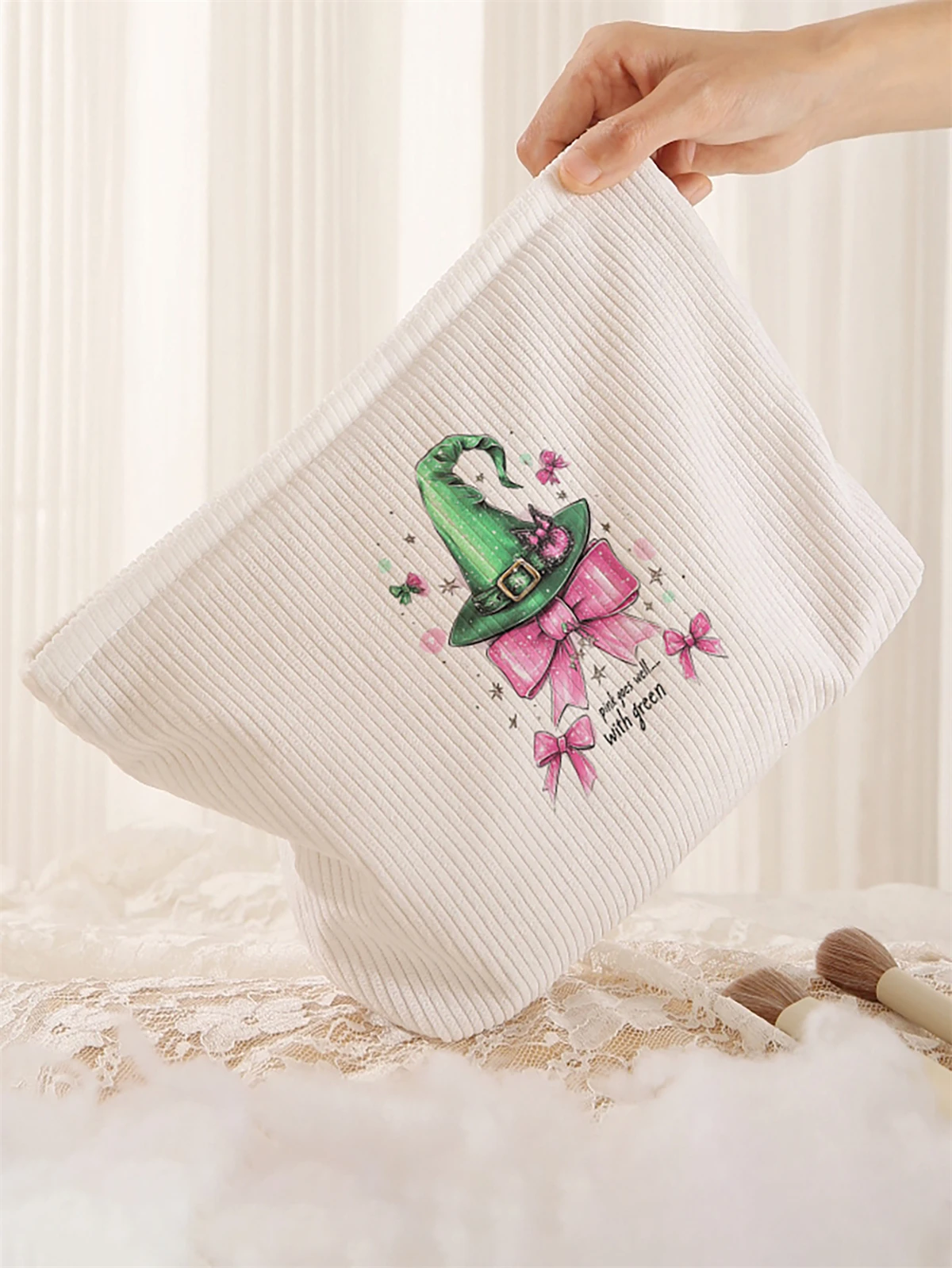 1pc Butterfly Pattern Printed Corduroy Makeup Bag, Lightweight Zipper Makeup Storage Box, Multi functional Bag with Lining