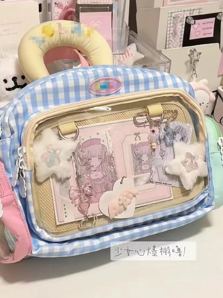 Contrast Color Plaid Transparent Backpack Casual Big Capacity Schoolbag Handbag Student Leisure Travel Backpack