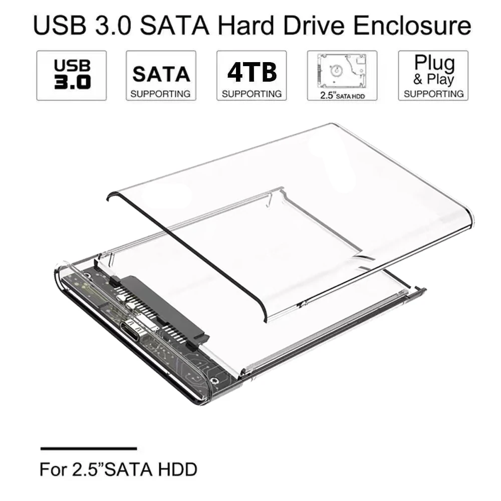 2.5-Inch SATA to USB 3.0 External Hard Drive Enclosure,Portable Clear Hard Disk Case for 2.5 Inch 7mm 9.5mm SATA HDD SSD, Suppor