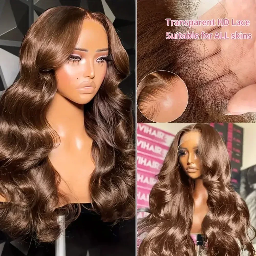 Chocolate Brown Lace Wig with Baby Hair Reddish Brown Colored 13x4 HD Body Wave Lace Front Wigs For Women Synthetic Glueless Wig 4