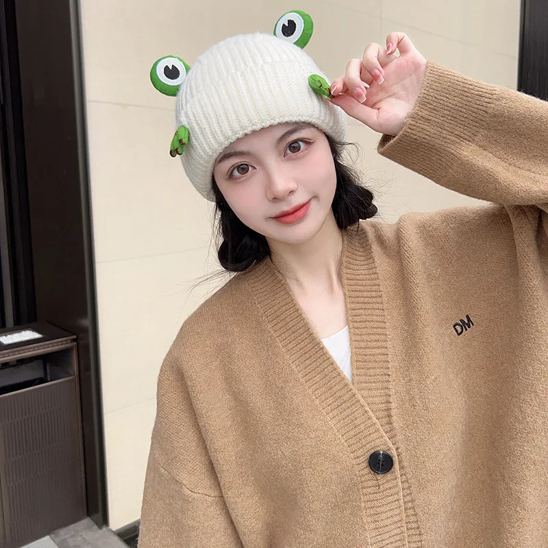 New Japanese Streetwear Harajuku Beanie Frog  Knitted Hat Women Autumn Winter Cute Frog Cap