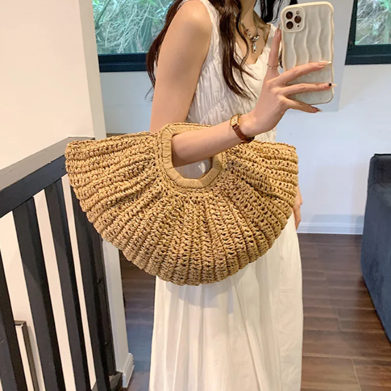 Ladies Moon Design Basket Shopper Bag Beach Straw Bag Summer Woven Travel Handbag For Women Luxury Large Capacity Shoulder Bags
