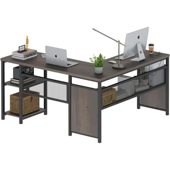 FATORRI-L Shaped Computer Desk, Desk Industrial Home Office com prateleiras, reversível de madeira e metal Canto Desk, Walnut Brown, 5