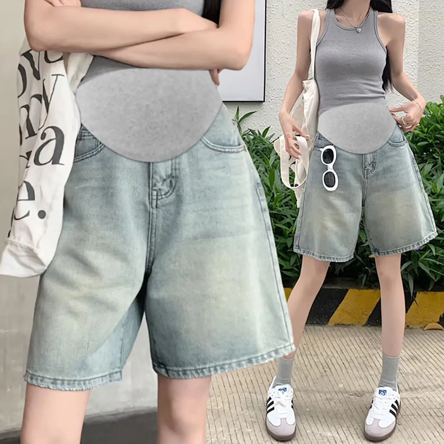 여름 신상 루즈핏 임산부 청반바지 5부 팬츠 배 받침 아우터 캐주얼 루즈핏 팬츠 편안한 데님 반바지