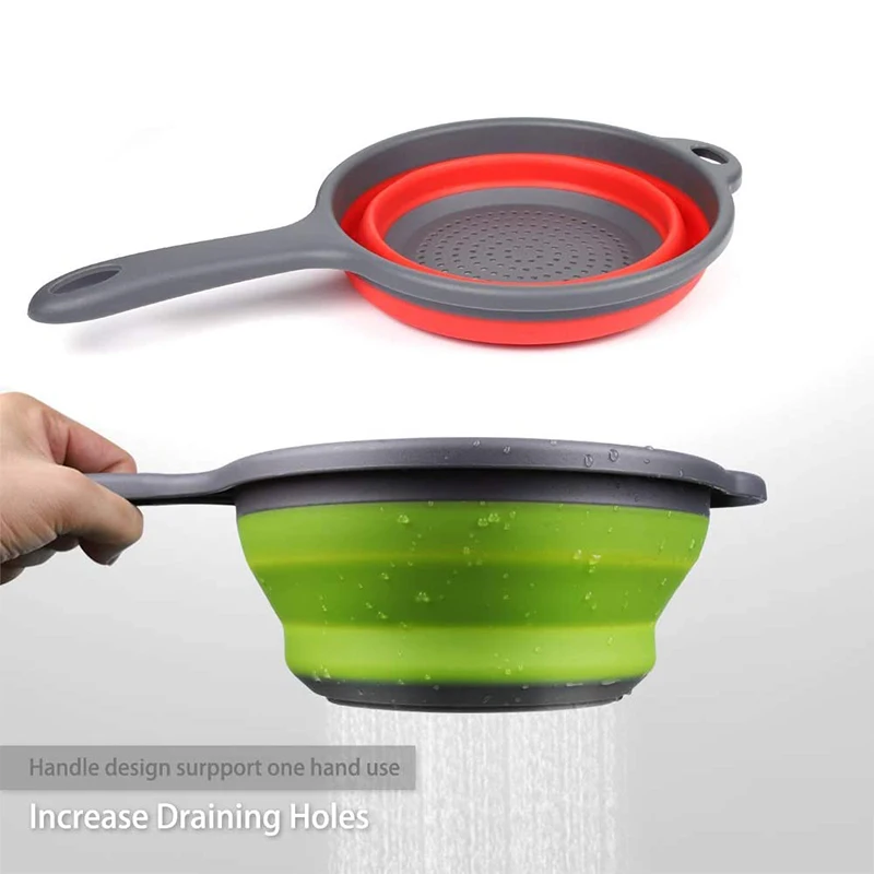 Silicone Collapsible Kitchen Strainer with Handle for Draining Pasta, Vegetables, and Fruits