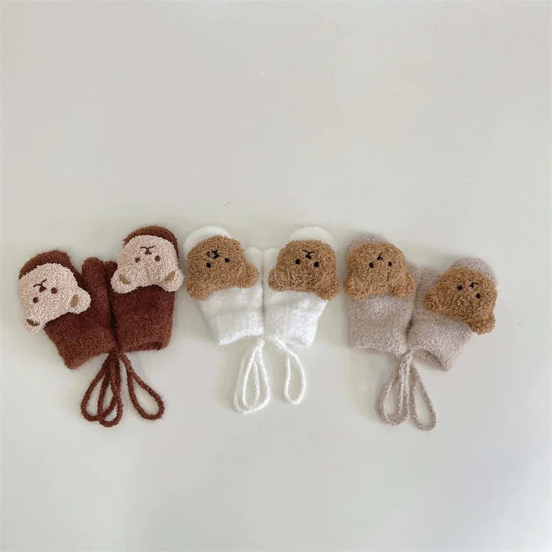 1-4Y Cartoon Bear Baby Wool Mittens Winter Warm Kids Girl Doll Gloves Knitted Children Toddler Thick Teething Mittens