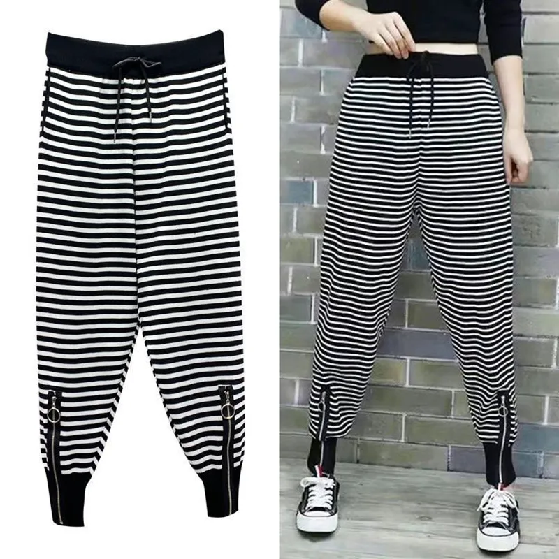 

Women Spring Autumn Comfortable Breathable Stripe High Waist Sequined Trousers Loose Sports Casual Harem Pants