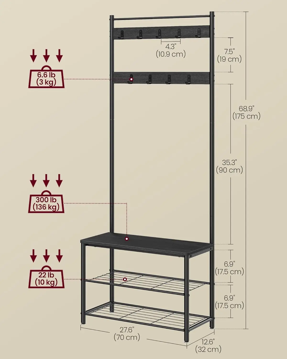 Coat Rack, Hall Tree with Shoe Storage Bench, Entryway Bench with Shoe Storage, 3-in-1, Steel Frame,