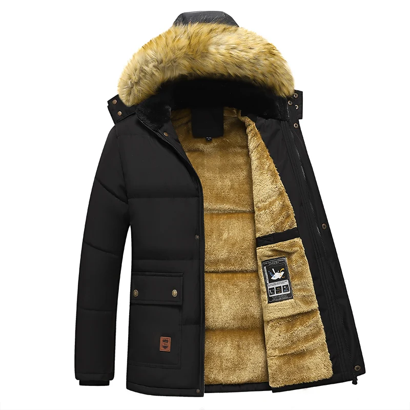 

New Men Winter Parka Fleece Lined Thick Warm Hooded Fur Collar Coat Male Size 5XL Plush Jacket Autumn Work Outwearing Black