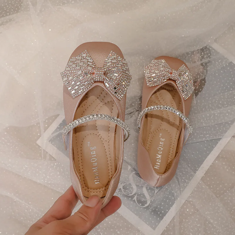 Girls Mary Jane 2022 Spring Fashion Dress Rowtie Princess Shoes Baby Shoes Kids Flats Dance Brand Rhinestone Glitter Soft Sole