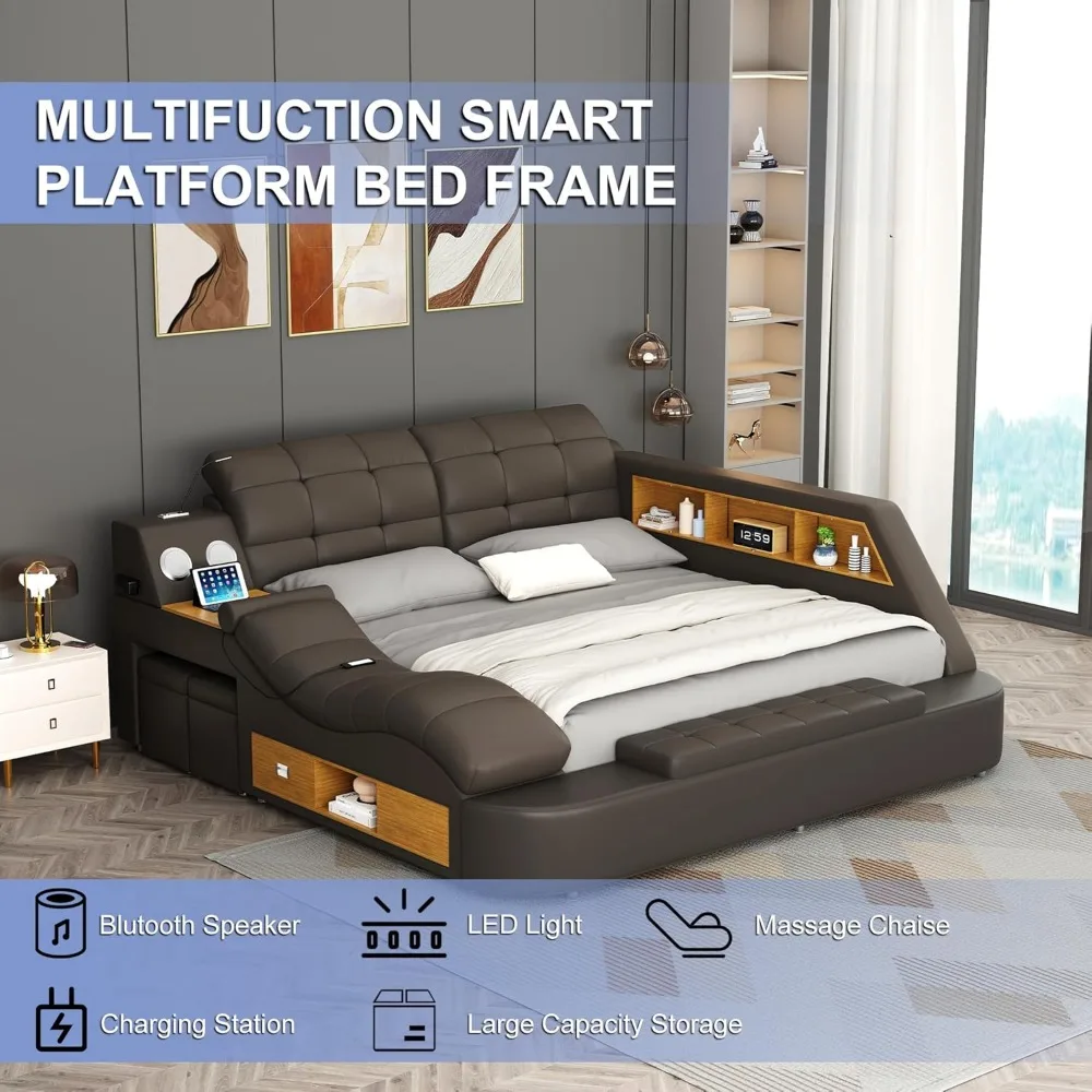 Luxury Smart King Bed Frame, Multifunction Bed Frame Upholstered Platform with Massage Recliner/Bluetooth Speaker/USB Charging 3