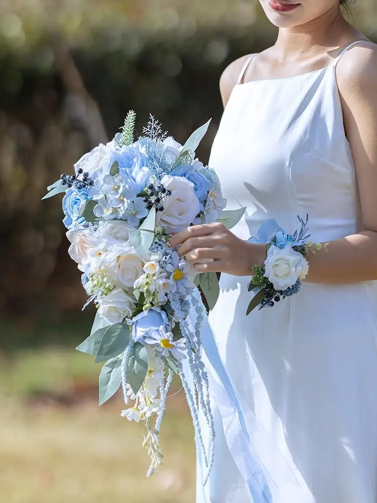 Artificial Wedding Bouquet For Bride - 8.7 Inch White & Blue Silk Roses Cascading Bouquet, Rustic Forest Theme