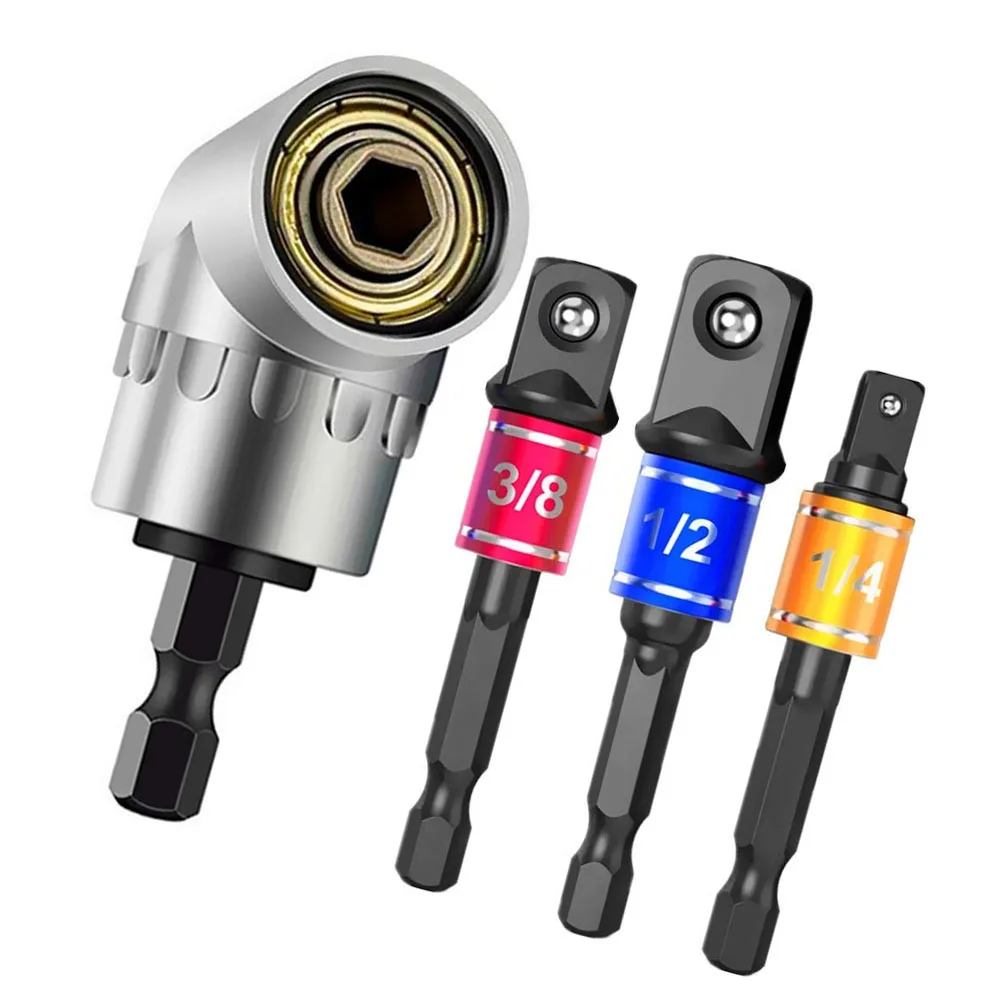 

Driver Sockets Adapter Extension Set, 1/4" 3/8" 1/2" Hex Shank Drill Nut Driver Bit Set + 105 Degree Right Angle Driver