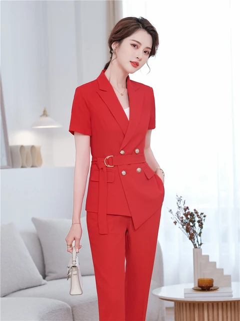 Red Pants Suit Women Sexy V-Neck Belt 2023 Summer Short Sleeve Blazer Coat+Pants  Trousers Female Office Blazer Two Piece Sets