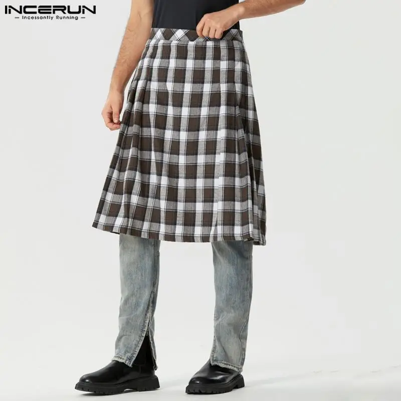 

INCERUN 2023 American Style Stylish New Men Trousers Plaid Pleated Half Skirts Pants Casual Comfortable Wide Leg Pantalons S-5XL