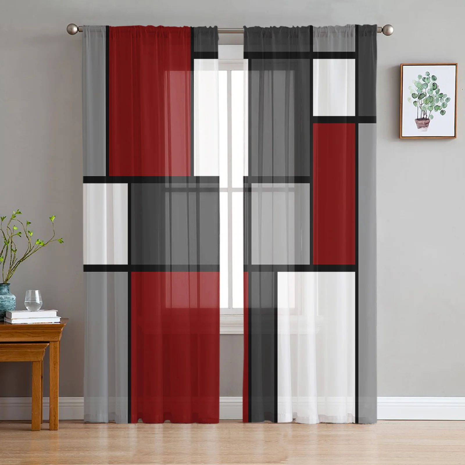 

Geometry Red Abstract Sheer Curtains for Bedroom Living Room Decoration Window Curtain for Kitchen Tulle Voile Organza Drapes