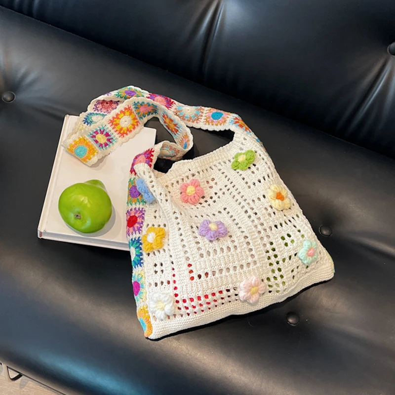 Women Cute Knitting Tote Bag Wear Resist Lovely Woven Shoulder Bag Stylish Knit Shoulder Bag Seaside Trip Shopping Beach Bag