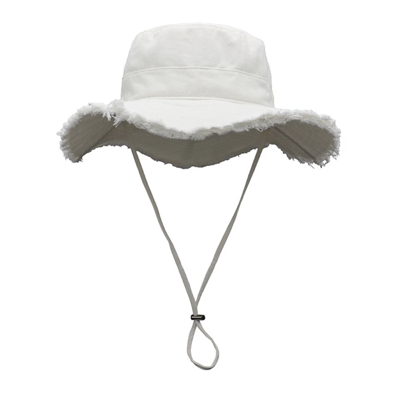 Frayed Design Fisherman Hat with Adjust Chin Rope Anti-Uv