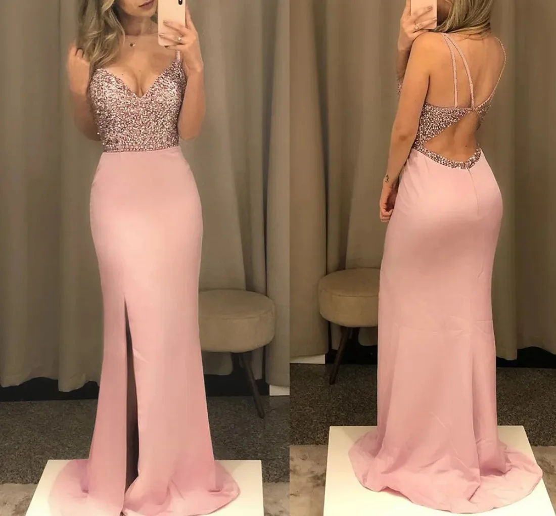 

Shiny Sequin Satin Prom Dresses For Women V-Neck Elegant Pink Mermaid Evening Dress Backless Lady Long Dress Vestidos de fiesta