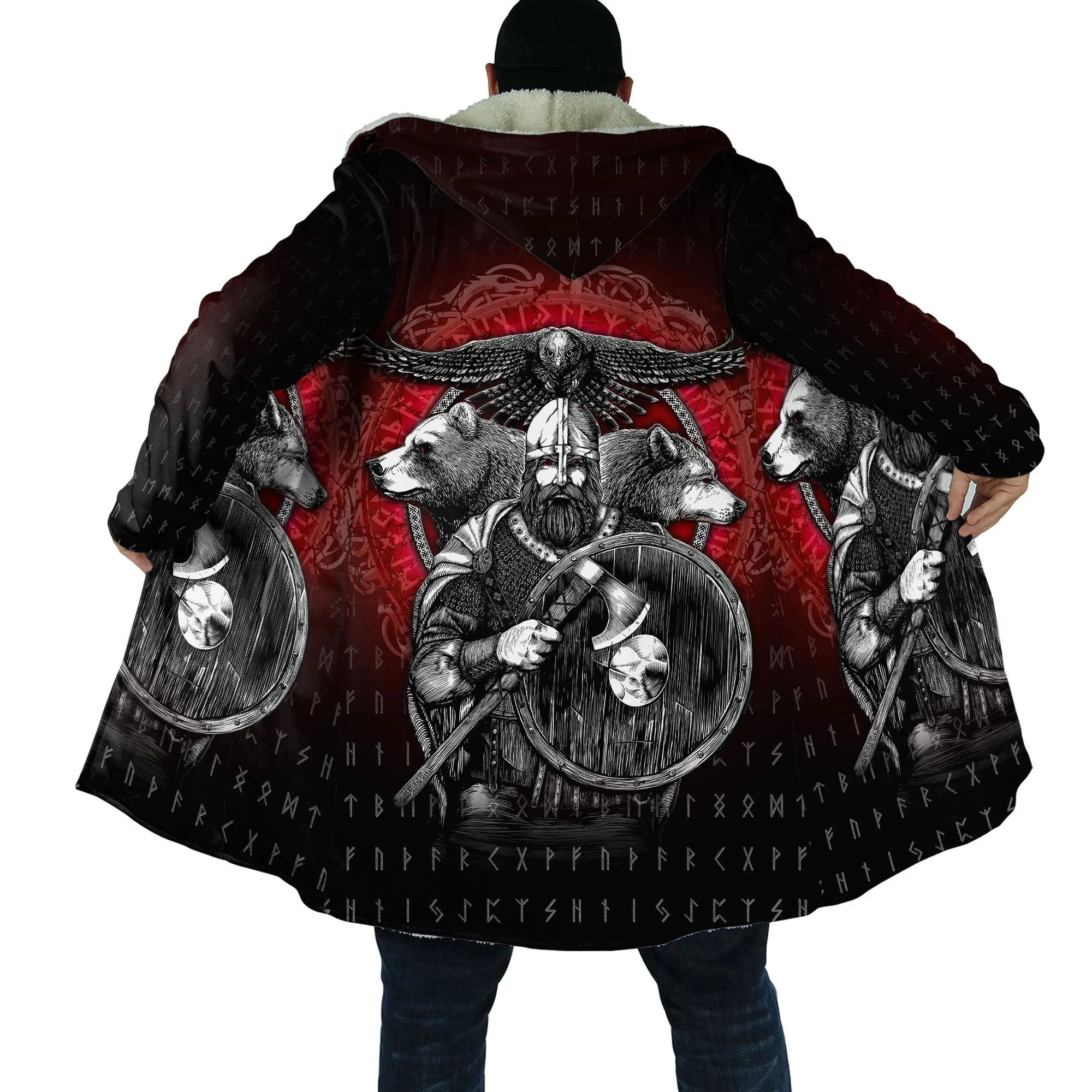 

TINGHON Viking Wolf Odin Raven Compass Tattoo 3D Printed Men's Fleece Hooded Cloak Unisex Casual Thick Warm Cape coat CH98