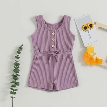 Summer Baby Girl Outfit Ribbed Tank Top Infant Baby Jumpsuit Button Down Toddler Girl Rompers Clothing 0-5T 4