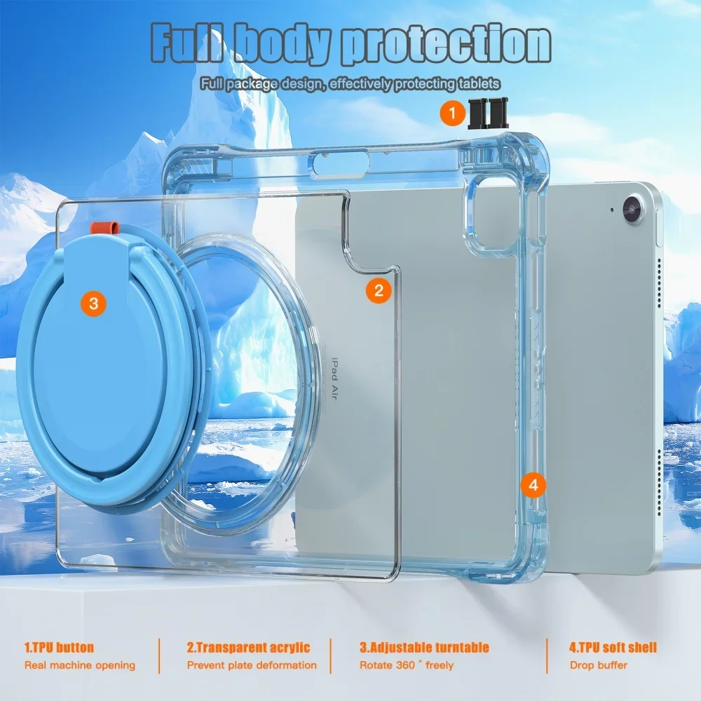 Versatile Clear Shockproof Tablet Case with Handle, Rotary Stand, Magnetic Pen Slot, and Strap