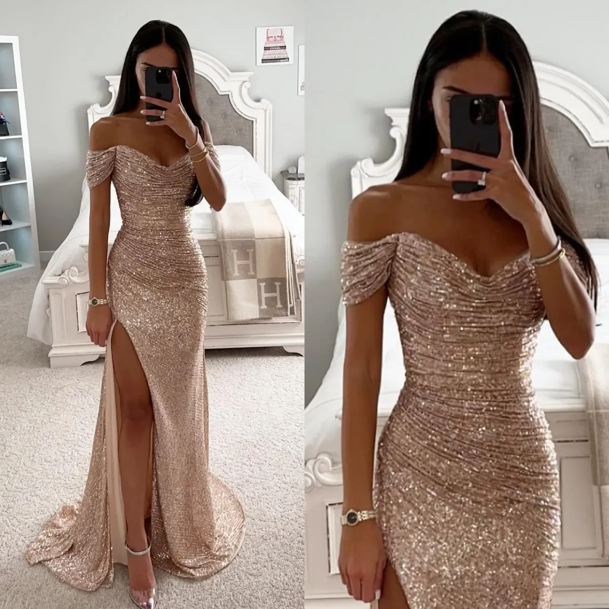 

Elegant Champagne Prom Dresses Off Shoulder Glitter Sequins Evening Dress Pleats Split Formal Long Special Occasion Party Gowns