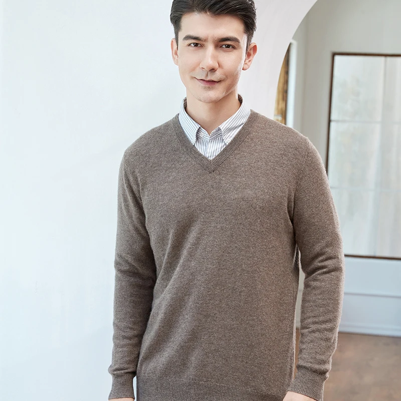 100% Pure Wool Cashmere Sweater Men's V-neck Knitting Pullover Sweater Autumn and Winter New Bottoming Shirt Men's Shirt