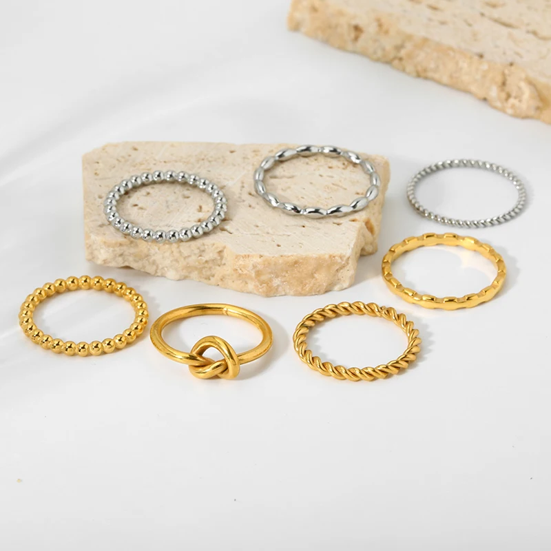 Ins Trend 18 Karat vergoldete Edelstahl perlen Twisted Knot Seil Kette stapelbarer Ring für Frauen wasserdichten Schmuck Geschenk – Detail 11