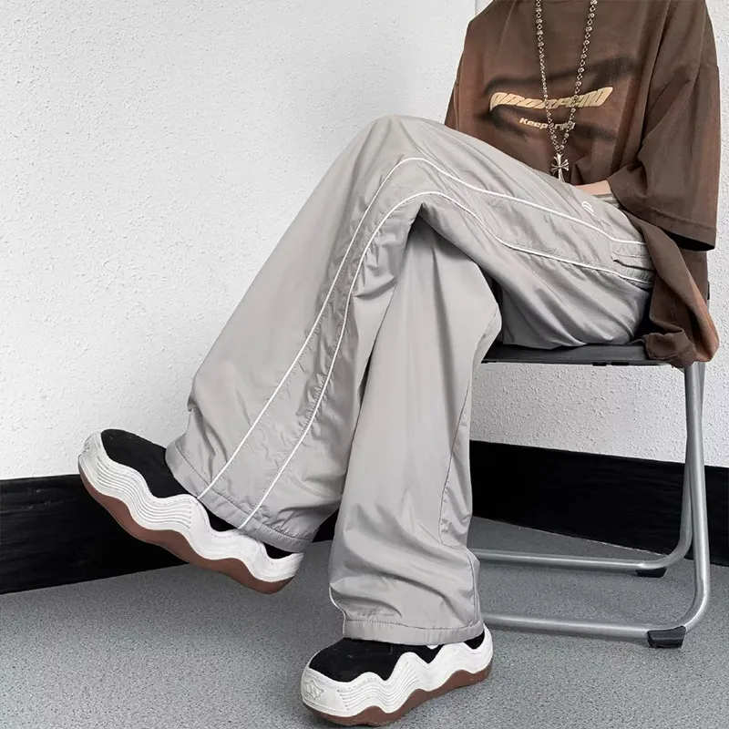 KPOP Fashion Style Harajuku Slim Fit Sweat Pants Loose All Match Casual Pants Stripe Pockets Straight Cylinder Wide Leg Pants
