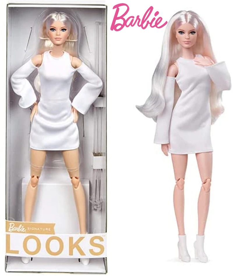 

Barbie Signature Looks Doll Tall Blonde Fully Posable Fashion Doll Wearing White Dress & Platform Boots Gift for Collector GXB28