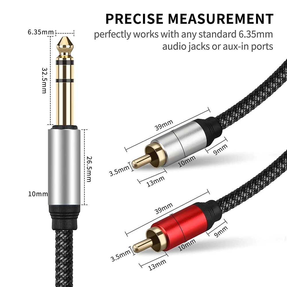 Premium 1/4 Inch TRS to Dual RCA Audio Cable with Stereo Jack and Y Splitter Adapter - Braided Cord Design