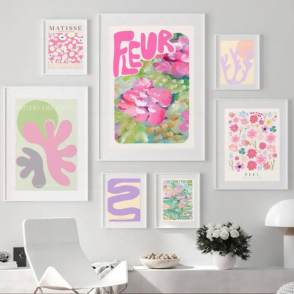 

Pink Green Colorful Aesthetic Gallery Prints Abstract Matisse Flowers Posters on The Wall Canvas Painting Energy Room Decor Gift