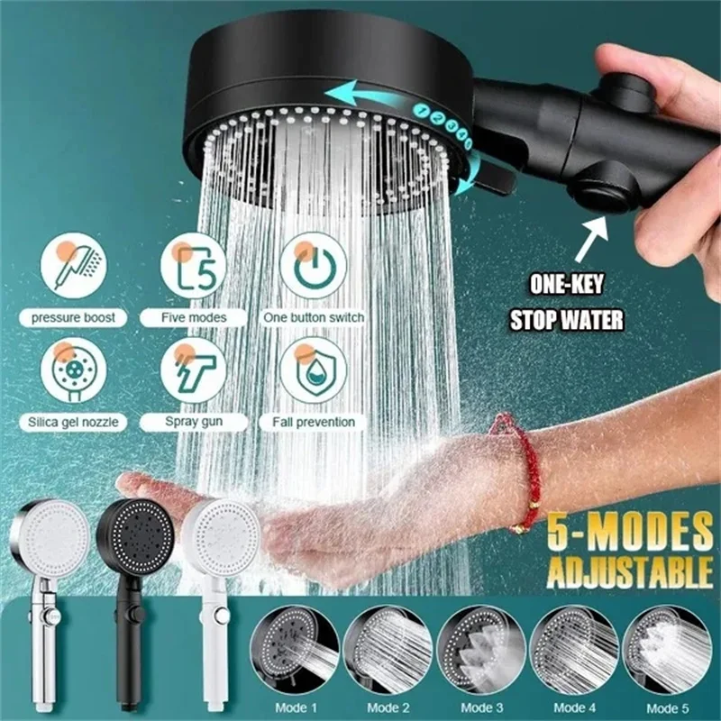 5 Modes Shower Head Adjustable One key Stop Water Saving High Pressure